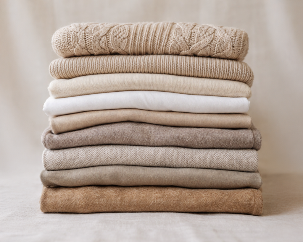 an image of folded neutral fabrics—knits, cottons, and wools.