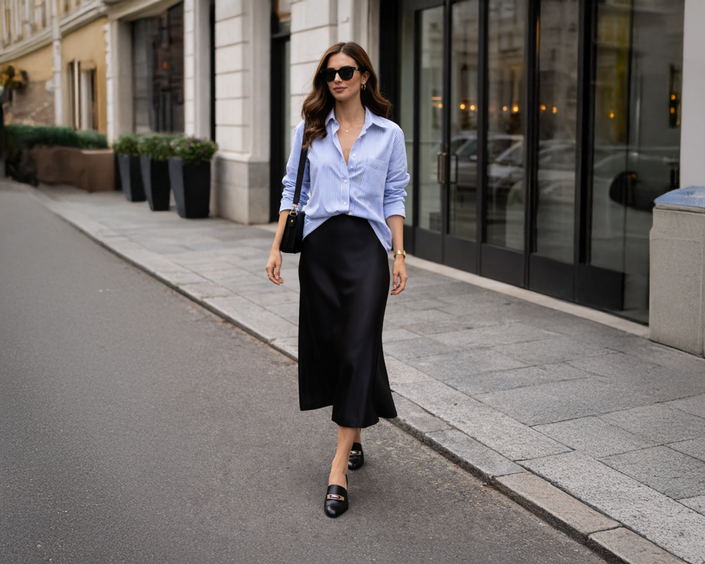 An oversized blue-and-white striped poplin button-down + a midi-length slip skirt in champagne, navy, or black.