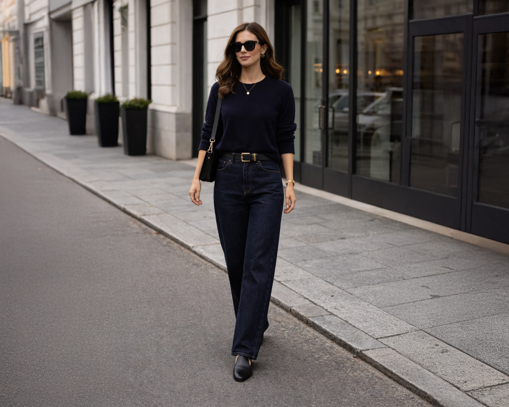A deep navy or black cashmere-blend crewneck sweater + dark wash, rigid straight-leg jeans + a leather belt with gold hardware.