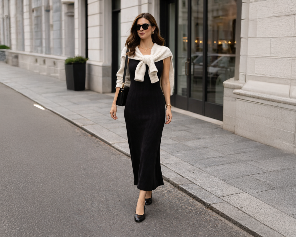 A fitted, ribbed knit maxi dress in black or chocolate + a contrasting chunky knit sweater + sleek ballet flats.