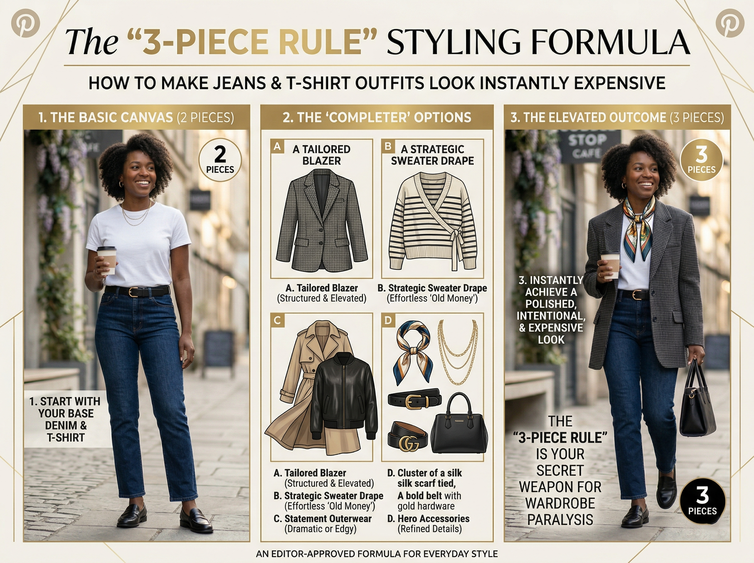 An infographic illustrating the 3-piece outfit rule for styling jeans and t-shirt outfits. The left panel shows a basic 2-piece canvas of a white tee and denim. The center displays completer options like a tailored blazer, draped sweater, outerwear, and accessories. The right panel reveals the final elevated, expensive-looking 3-piece outfit.
