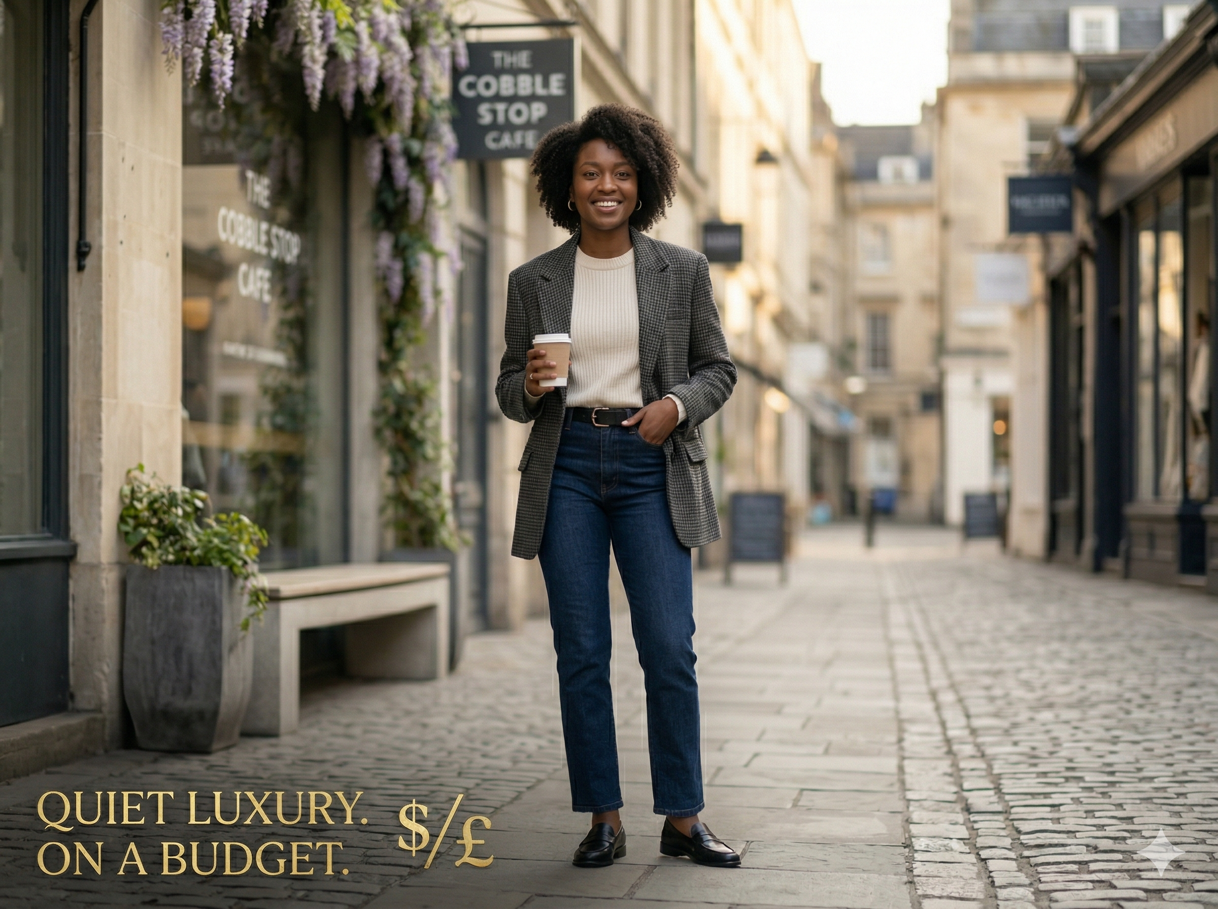 A smiling Black woman with curly natural hair stands confidently on a European cobblestone street outside 'The Cobble Stop Cafe'. She wears a grey oversized plaid blazer, a cream ribbed crewneck sweater, dark indigo straight-leg jeans, a black leather belt, and black penny loafers, holding a takeaway coffee cup. A text overlay in the bottom-left says 'QUIET LUXURY. ON A BUDGET.' with a dollar/pound combined currency symbol ($/£). Purple wisteria flowers adorn the cafe front.