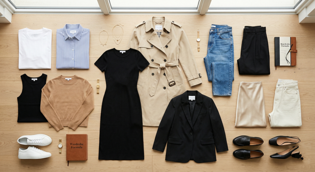 flat lay photo or a collage of all 15-Piece Capsule Wardrobe