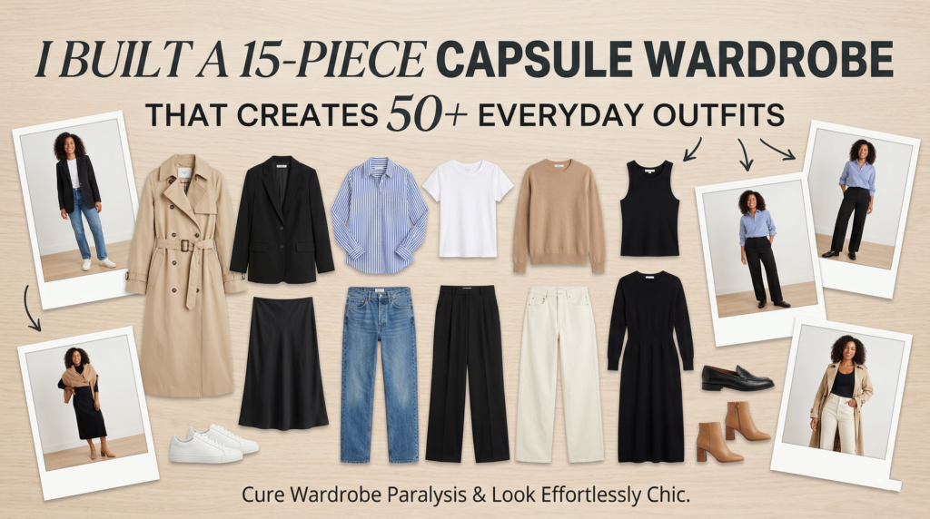A visual guide to building a 15-piece capsule wardrobe for everyday outfits. The flat lay displays minimalist wardrobe essentials including a trench coat, blazer, neutral tops, denim, and shoes. It is surrounded by polaroid photos of a model demonstrating how to mix and match the clothes into effortless, chic looks.