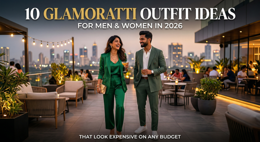 A stylish Indian couple, a woman in a green silk suit holding a cocktail and a man in a matching green tailored suit holding a drink, smiling and walking on a modern rooftop bar at dusk with a city skyline in the background, beneath the text '10 Glamoratti Outfit Ideas for Men & Women in 2026'.