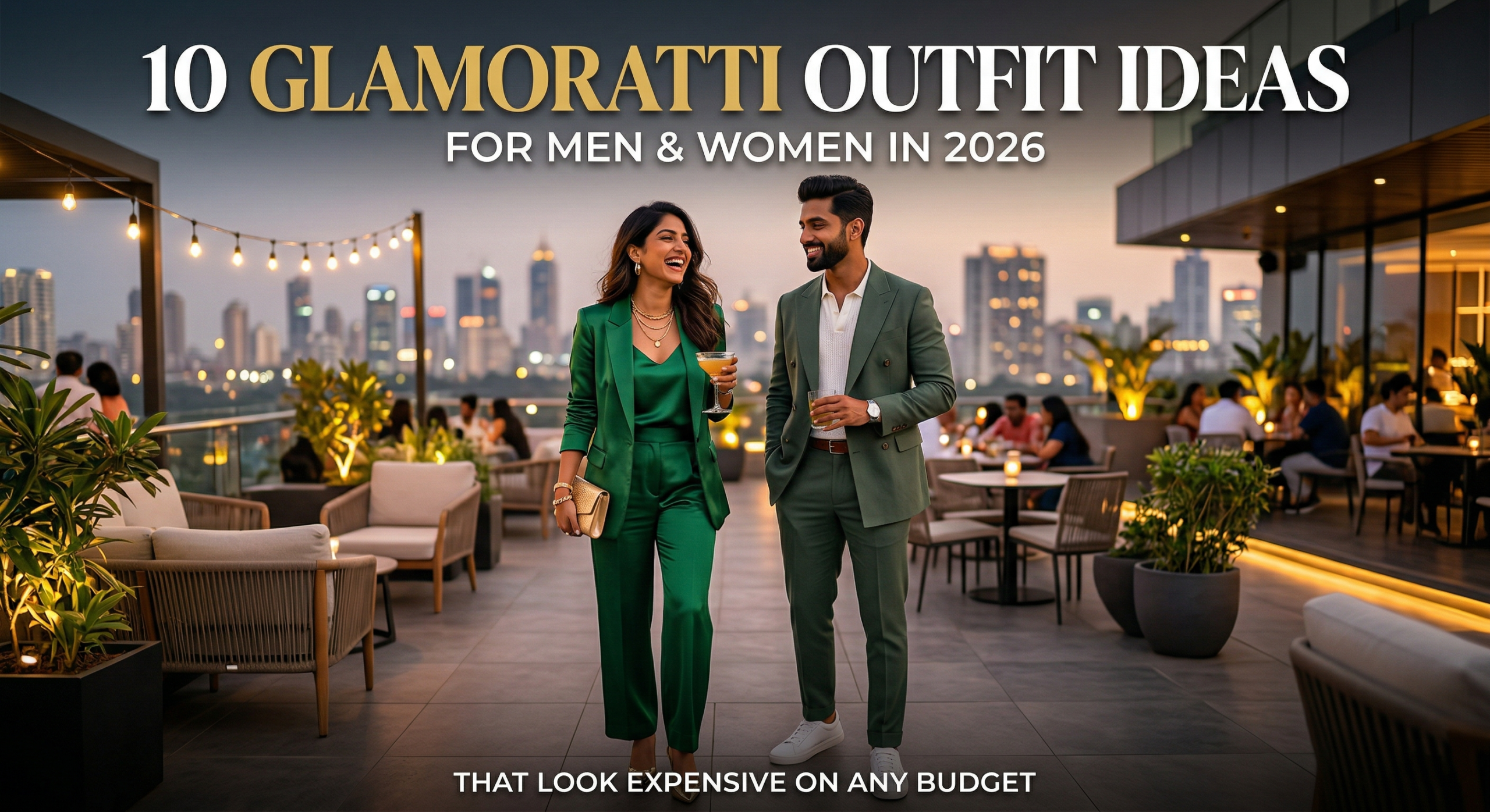 A stylish Indian couple, a woman in a green silk suit holding a cocktail and a man in a matching green tailored suit holding a drink, smiling and walking on a modern rooftop bar at dusk with a city skyline in the background, beneath the text '10 Glamoratti Outfit Ideas for Men & Women in 2026'.