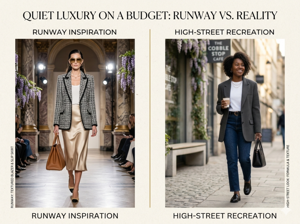 A split visual comparison image titled "QUIET LUXURY ON A BUDGET: RUNWAY VS. REALITY". The left "Runway Inspiration" panel features a model in a black and white textured blazer, gold satin slip skirt, and large tan leather tote bag. The right "High-Street Recreation" panel shows a woman outside "The Cobble Stop Cafe" wearing a grey textured blazer, dark blue straight-leg jeans, a black belt, and black leather loafers.