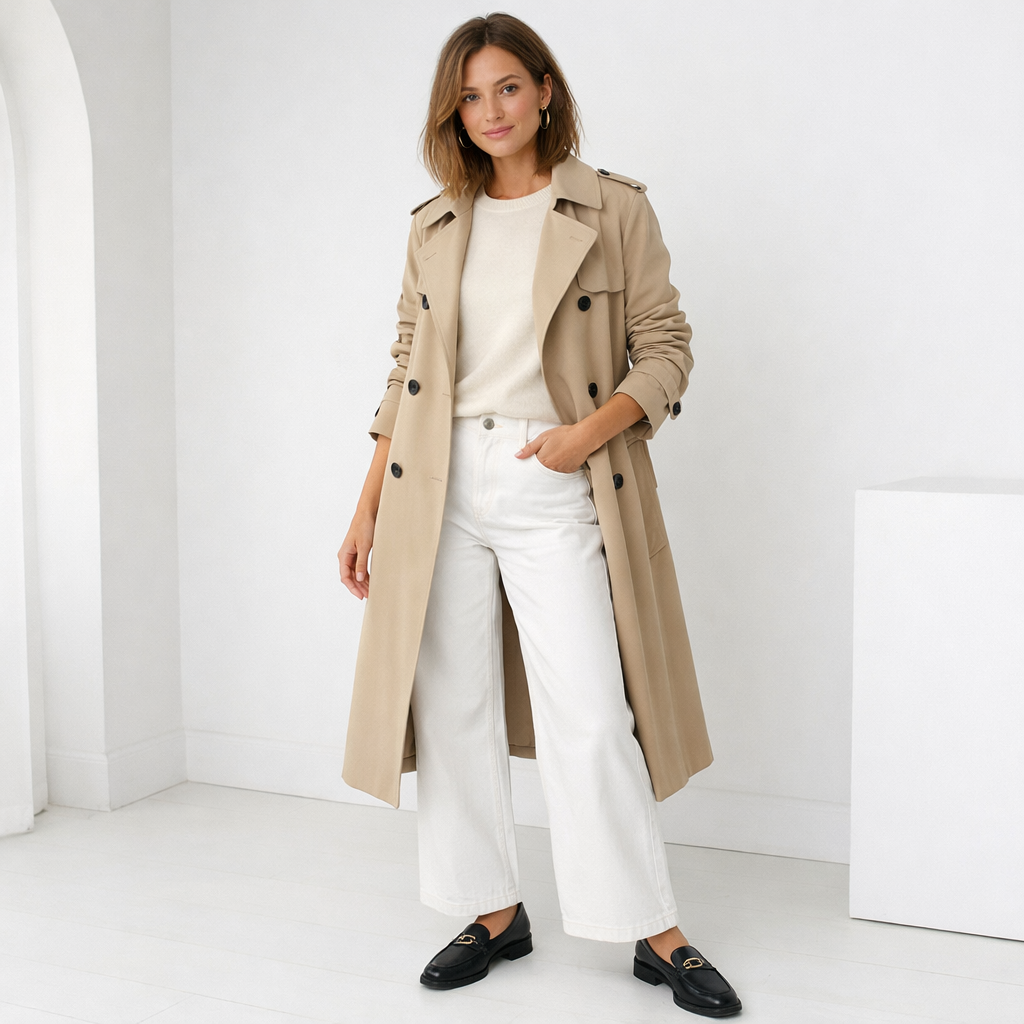 Women wearring Cashmere Crewneck + Wide-Leg White Denim + Classic Trench Coat + Loafers.