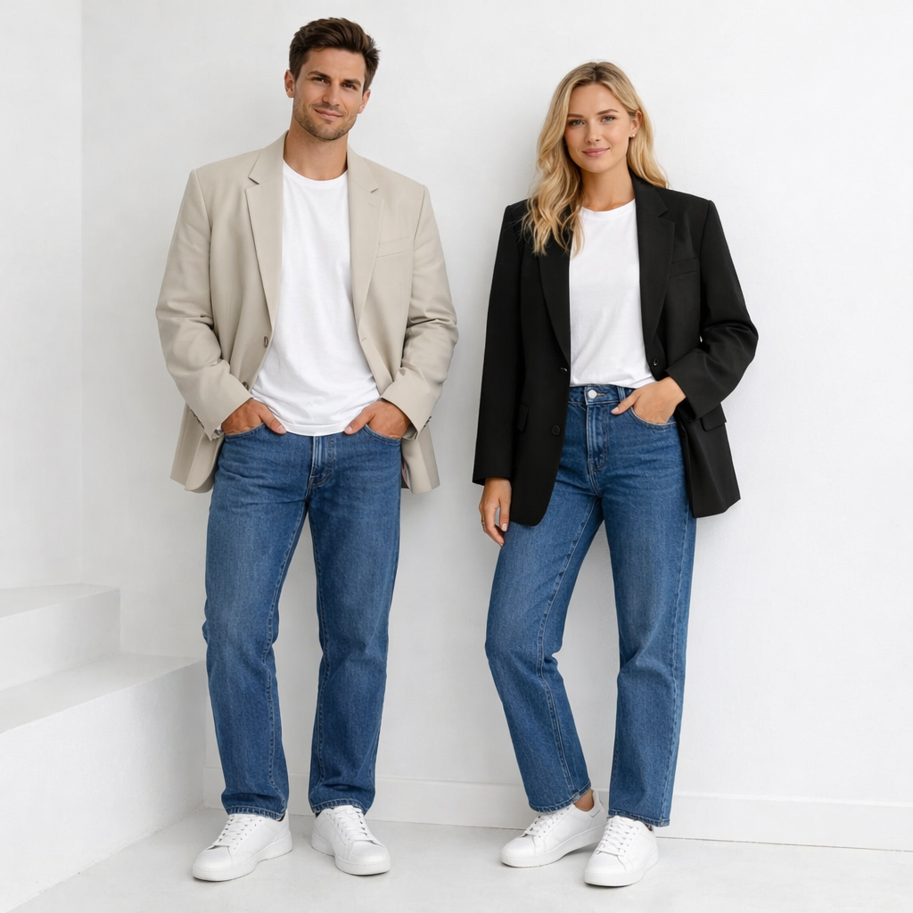 Chic duo in minimalist style wearring White Crewneck Tee + Straight Leg Jeans + Oversized Blazer + White Sneakers.