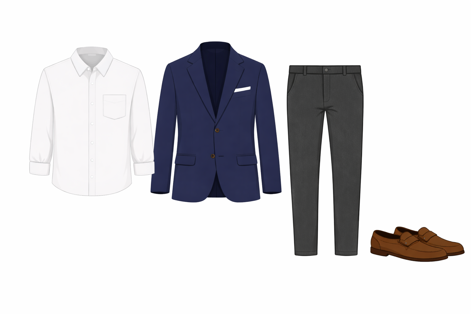 Vector: White OCBD navy blazer charcoal trousers brown loafers - high value client meeting