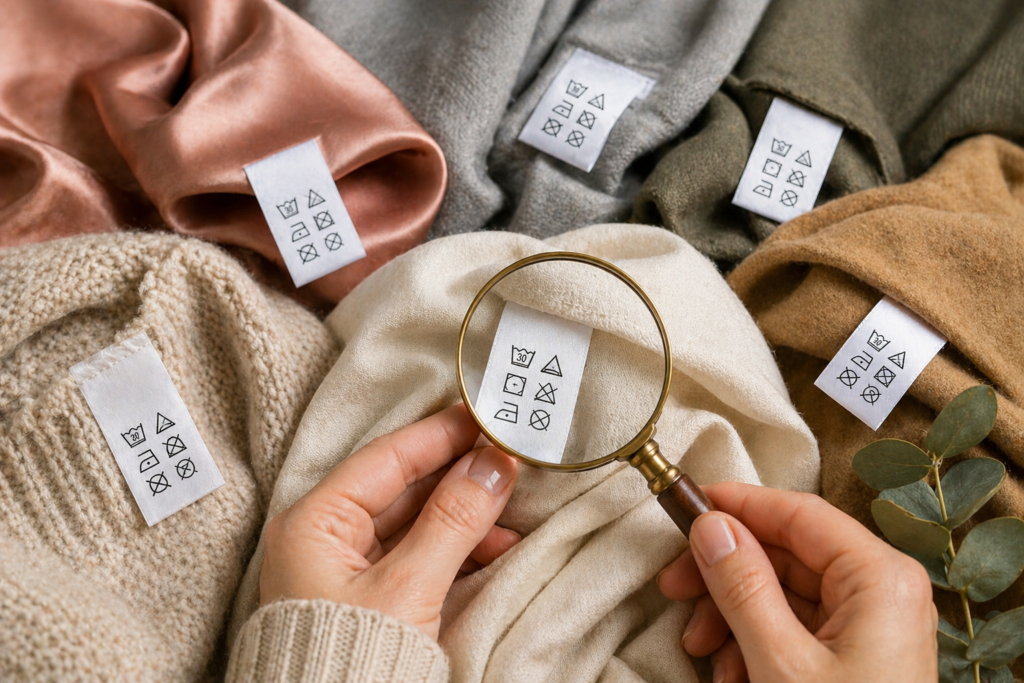 Stylish arrangement of garments and fabric textures with visible Clothing Labels highlighting material composition and care details