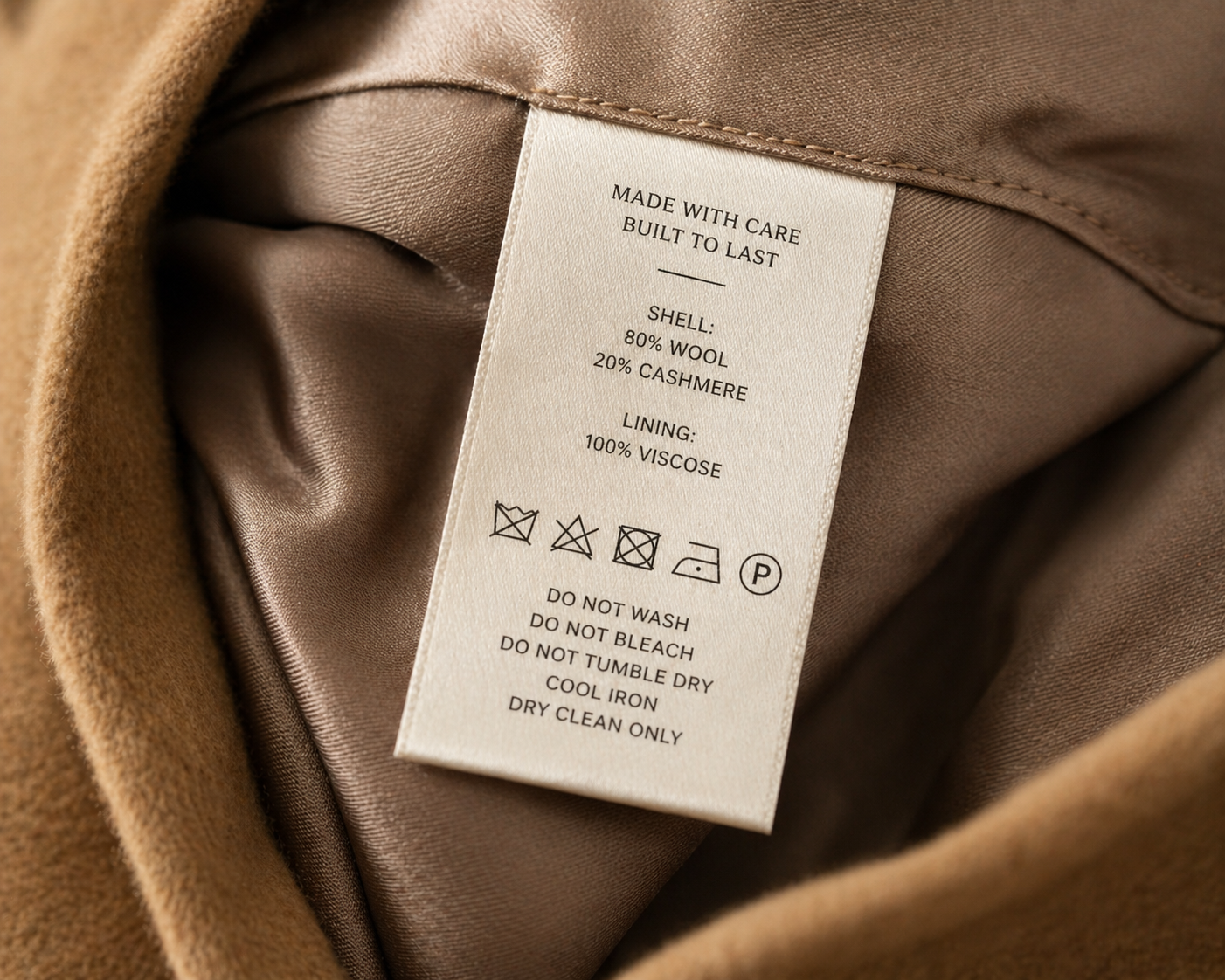 Clothing label inside a high-quality garment showing fabric composition and care instructions