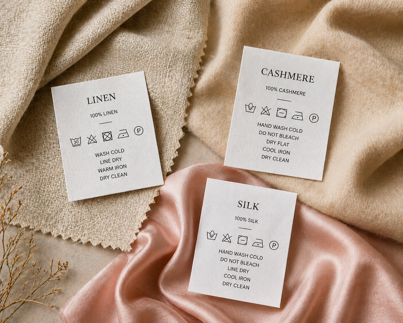 High-quality fabric swatches including linen, cashmere, and silk next to clothing labels