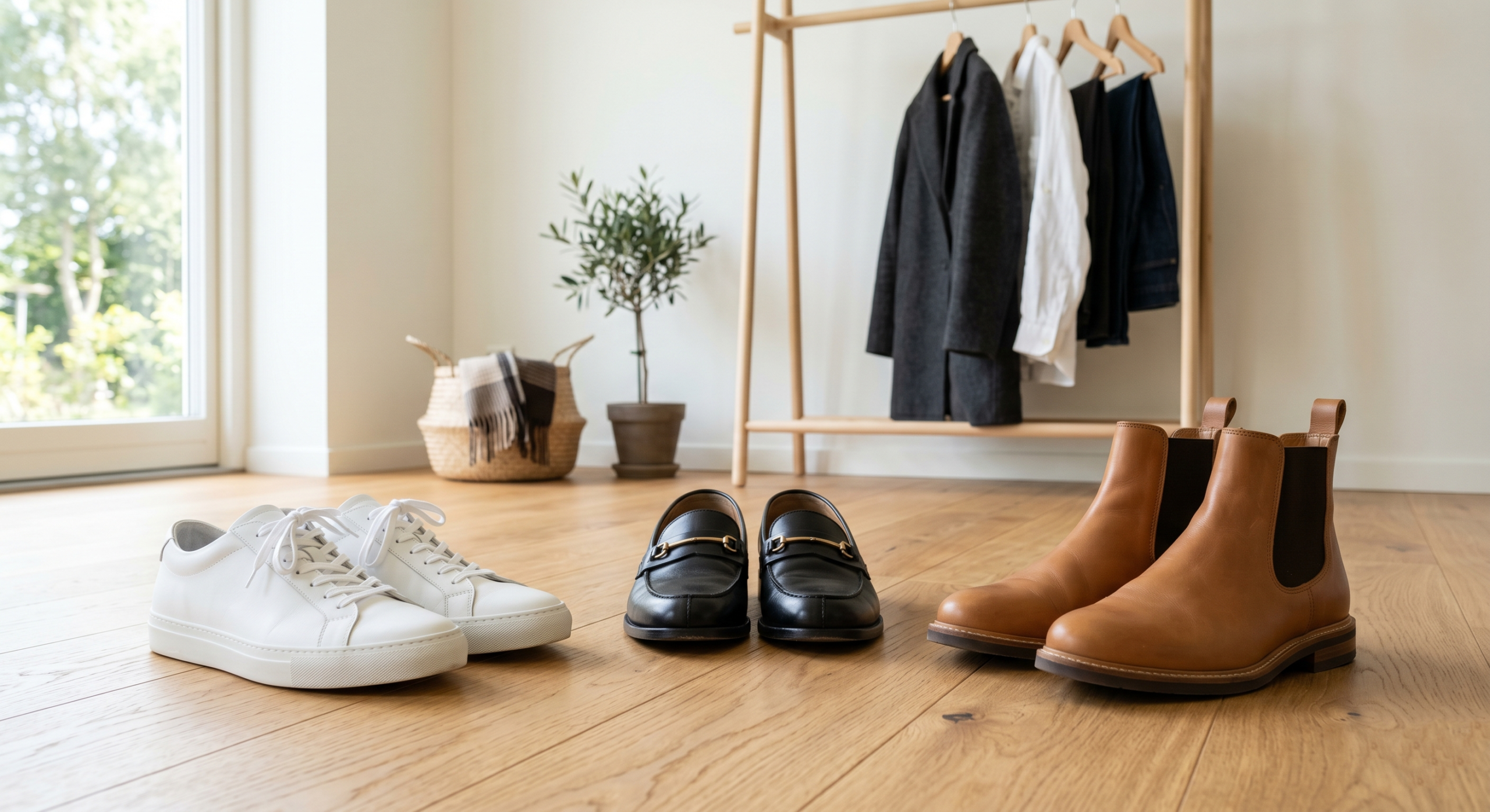 A curated selection of high-quality Minimalist Shoe pairs, including white leather sneakers, black loafers, and tan Chelsea boots, displayed on a wooden floor next to a minimalist clothing rack.