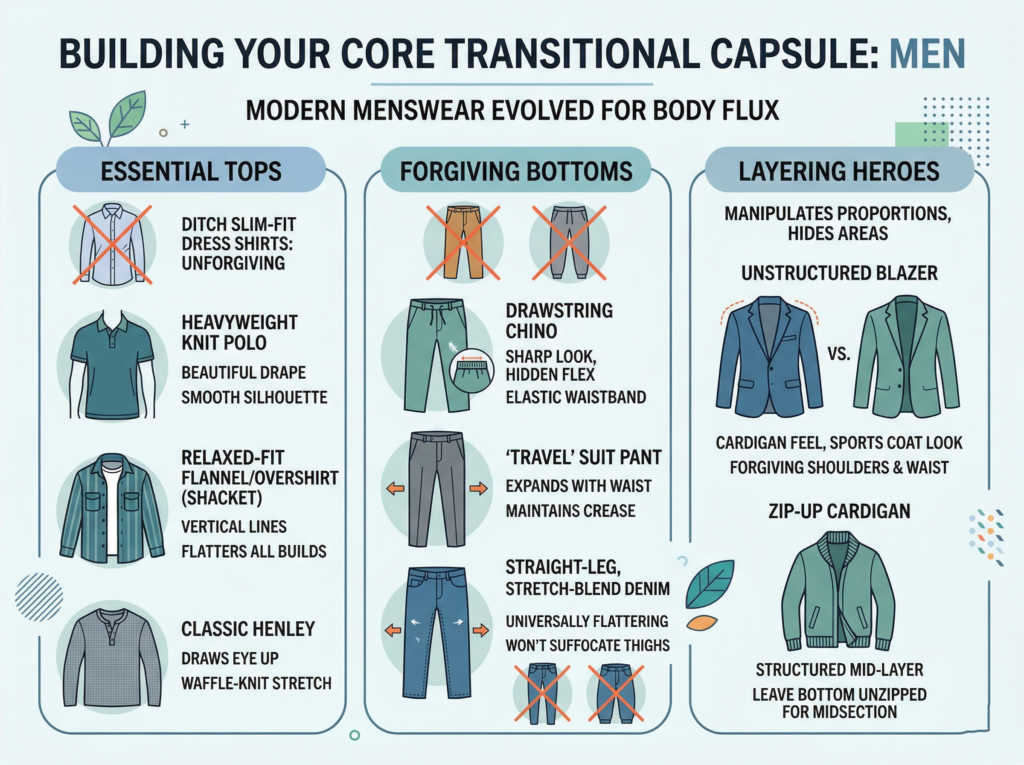 Infographic showing a transitional capsule wardrobe for men, featuring essential tops like relaxed-fit shirts and polos, flexible bottoms such as drawstring chinos and stretch denim, and layering pieces like unstructured blazers and cardigans designed for comfort, versatility, and changing body shapes.