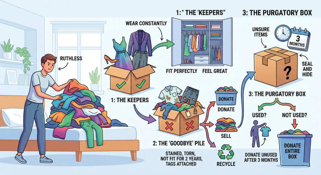 Vector illustration infographic explaining the 3-box purge system for closet decluttering, showing a person sorting clothes into Keepers, a Goodbye pile, and a 3-month Purgatory box.
