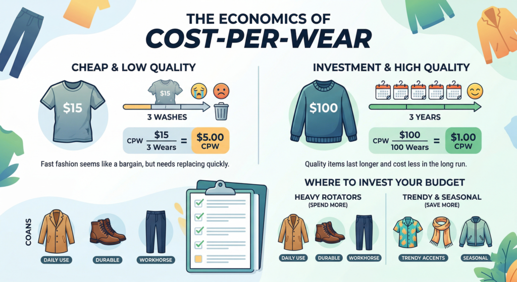 An infographic illustrating 'THE ECONOMICS OF COST-PER-WEAR'. It compares a $15 fast-fashion t-shirt that lasts 3 washes (generating a $5 CPW) with a $100 high-quality sweater that lasts 3 years (generating a $1 CPW). The visual shows how quality items cost less long-term. A bottom section guides 'WHERE TO INVEST YOUR BUDGET', advising spending more on 'HEAVY ROTATORS' (daily use coat, durable boots, workhorse trousers) and saving on 'TRENDY & SEASONAL' accents like seasonal jackets. A guide to sustainable wardrobe budgeting and clothing investment.
