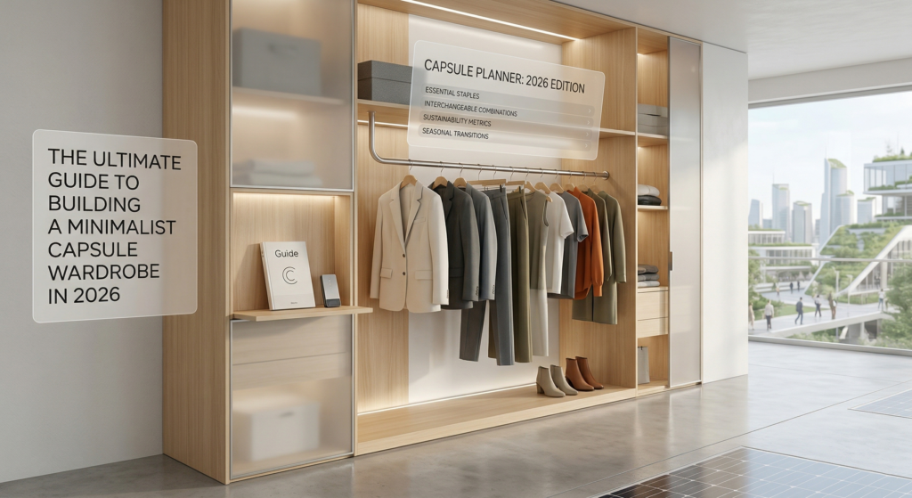 Modern built-in wooden closet system featuring a curated minimalist capsule wardrobe of clothing and shoes. A large window overlooks a futuristic, sustainable city with green-roofed buildings. Two clear interactive displays are shown: a panel on the left reads "The Ultimate Guide to Building a Minimalist Capsule Wardrobe in 2026," and an interactive planner above the clothes details "Capsule Planner: 2026 Edition" with sections for "Essential Staples," "Interchangeable Combinations," "Sustainability Metrics," and "Seasonal Transitions." A "Guide C" book is on a shelf.