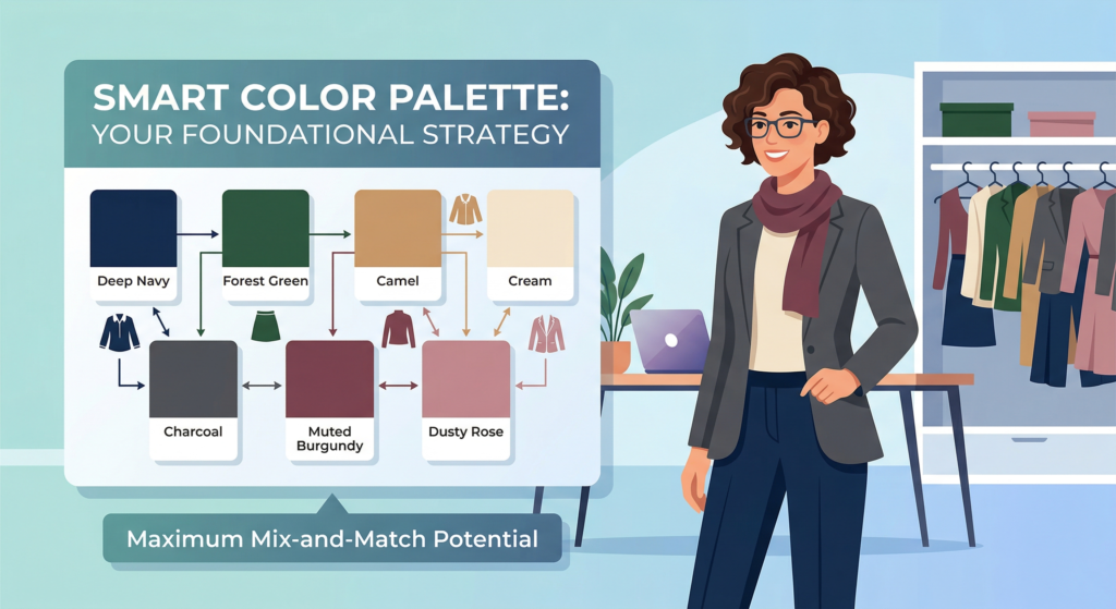 Infographic illustration showing a smart color palette strategy for a mix-and-match wardrobe. A woman with curly brown hair and glasses points to connected swatches of colors (Deep Navy, Forest Green, Camel, Cream, Charcoal, Muted Burgundy, Dusty Rose). The image includes the title 'Smart Color Palette: Your Foundational Strategy' and text at the bottom 'Maximum Mix-and-Match Potential', with an open closet and clothes in the background.