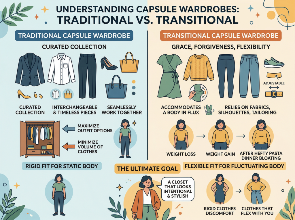 Infographic comparing traditional capsule wardrobe and transitional capsule wardrobe, showing curated timeless outfits versus flexible clothing that adapts to body changes like weight fluctuations, highlighting benefits like versatility, comfort, and intentional styling.