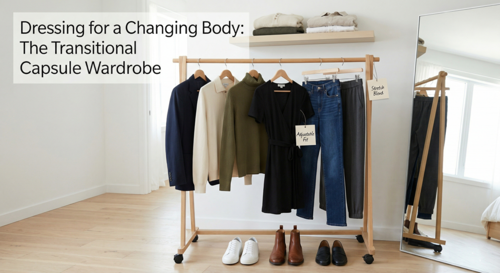 A wooden clothing rack in a bright room displaying a transitional capsule wardrobe. Hanging items include an unstructured navy blazer, relaxed knits, a black wrap dress with an 'Adjustable Fit' tag, and trousers with a 'Stretch Blend' tag. Sneakers, boots, and loafers sit below. Text overlay reads 'Dressing for a Changing Body: The Transitional Capsule Wardrobe'.