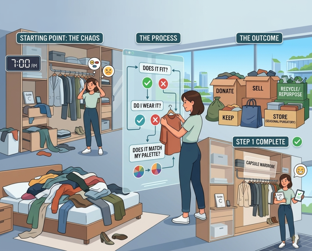 Vector illustration showing the process of a ruthless closet audit for a minimalist capsule wardrobe. It displays three stages: starting with a messy, chaotic bedroom at 7:00 AM; moving to a decision flowchart asking 'Does it fit?', 'Do I wear it?', and 'Does it match my palette?'; and ending with the outcome of sorted boxes for donation, selling, and keeping, alongside a perfectly organized capsule wardrobe closet.