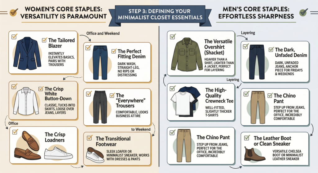 An infographic styled image titled "STEP 3: DEFINING YOUR MINIMALIST CLOSET ESSENTIALS". The image is divided into two columns detailing wardrobe staples. The left column, "WOMEN'S CORE STAPLES: VERSATILITY IS PARAMOUNT", includes tailored blazers, dark wash straight-leg denim, crisp white button-down shirts, comfortable "everywhere" trousers, crisp "Loadners" (shoes), and transitional footwear like loafers and sneakers, with arrows indicating outfit combinations. The right column, "MEN'S CORE STAPLES: EFFORTLESS SHARPNESS", includes versatile overshirts/shackets, dark unfaded denim, high-quality well-fitted crewneck tees, incredibly comfortable chino pants, and versatile leather boots or clean sneakers, with arrows indicating layering and combinations.