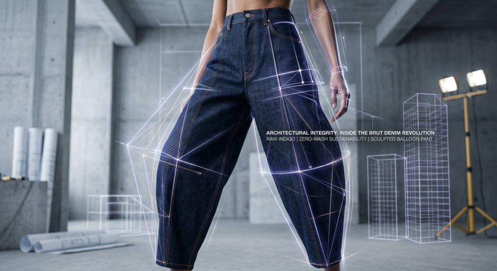 A model wearing unwashed Brut Denim sculpted balloon pants, overlaid with glowing white architectural blueprint lines that highlight the crisp volume, golden-tobacco stitching, and structural engineering of the SS26 raw indigo trend.