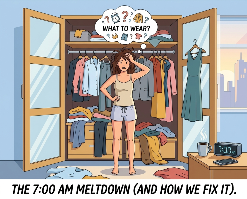 A frustrated woman stands by an overflowing closet at 7:00 AM. A thought bubble asks, 'WHAT TO WEAR?'. Caption: THE 7:00 AM MELTDOWN (AND HOW WE FIX IT).