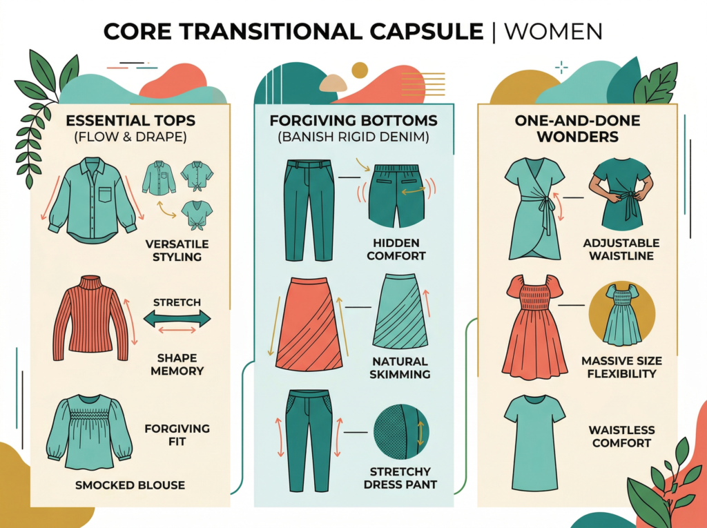 Infographic showing core transitional capsule wardrobe for women, including flowy tops, stretch fabrics, forgiving bottoms, wrap dresses, and adjustable waist outfits designed for comfort, flexibility, and changing body shapes.