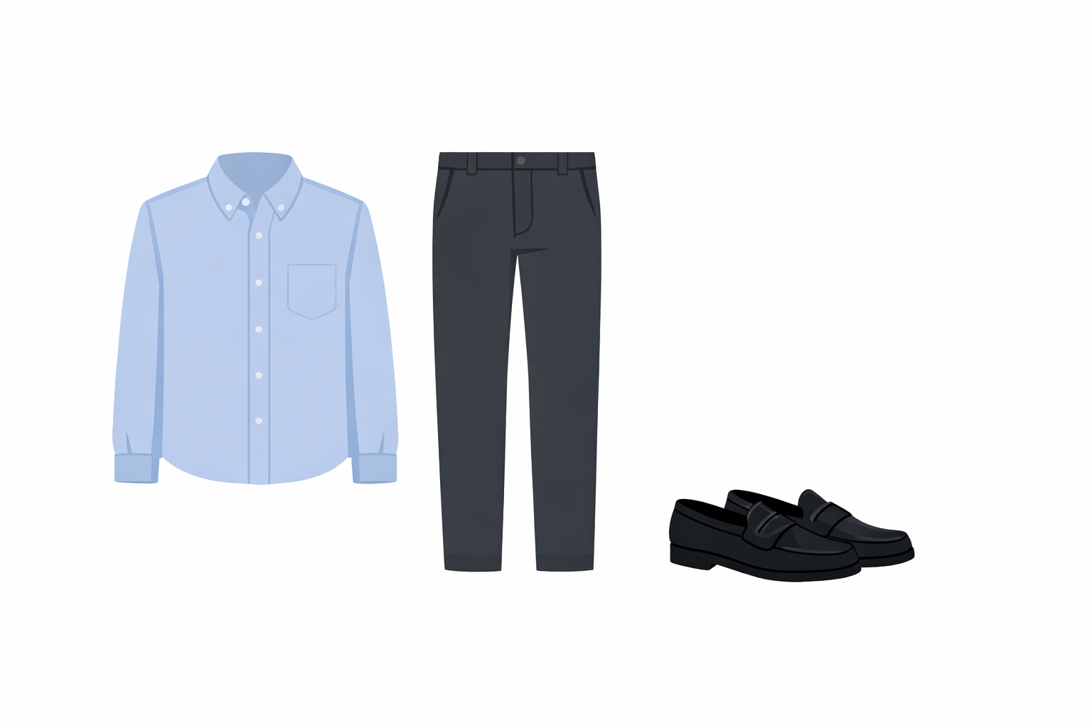 Vector style: Indian professional in light blue Oxford shirt and charcoal trousers with black loafers - clean office attire