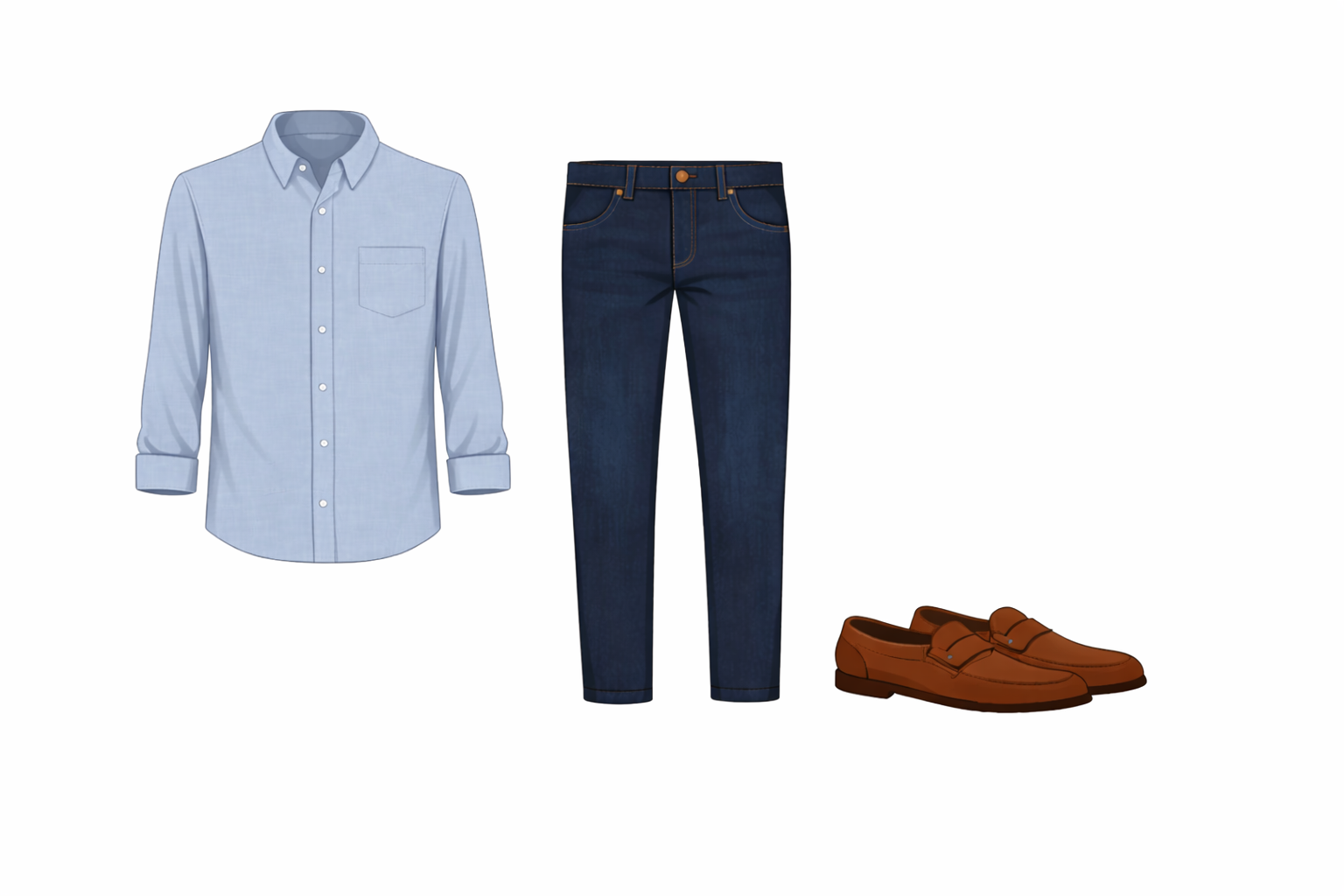 Vector light blue shirt dark jeans brown loafers - real estate professional India 2026