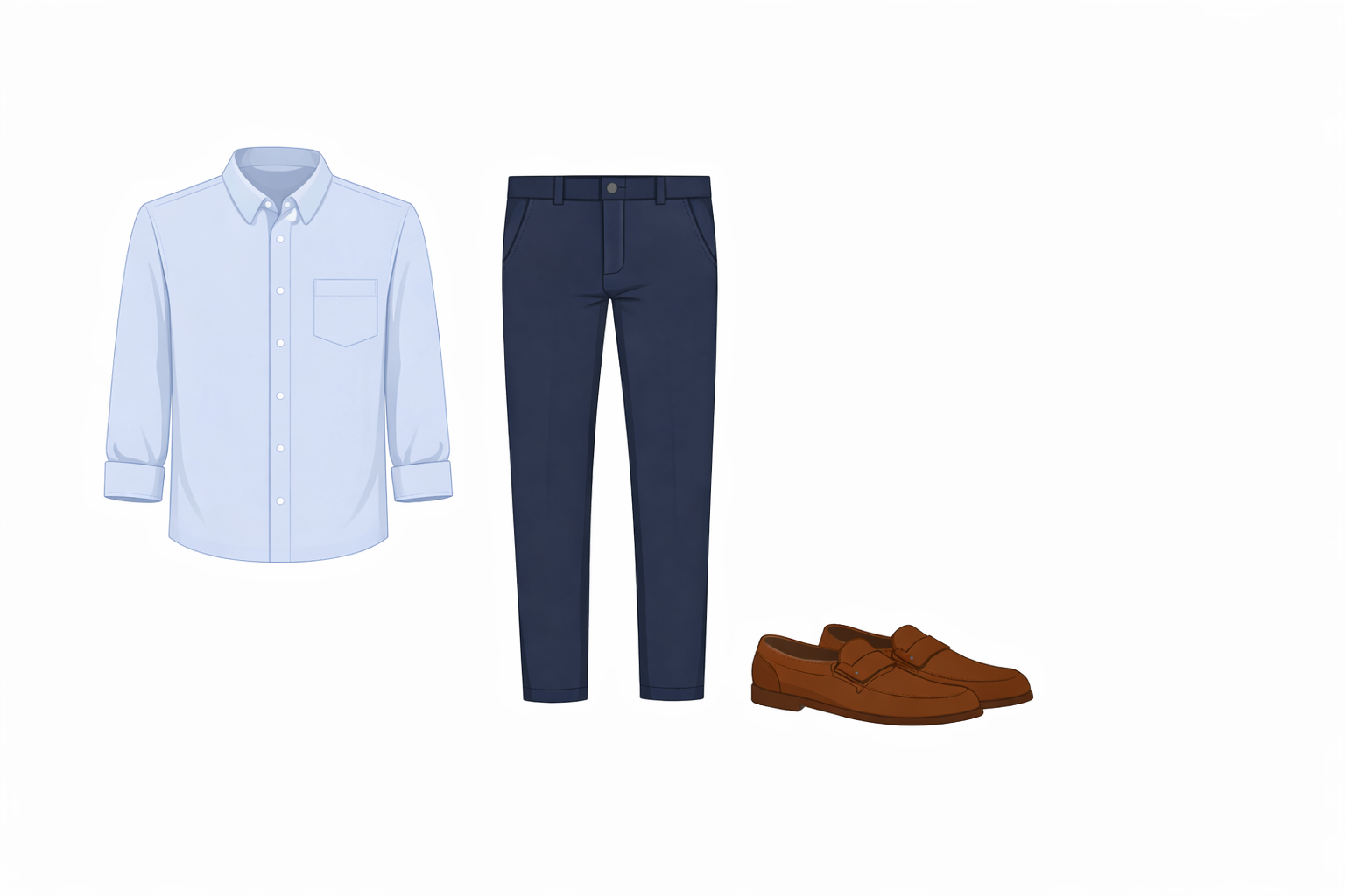 Vector style light blue shirt navy chinos brown loafers - airport to client meeting travel