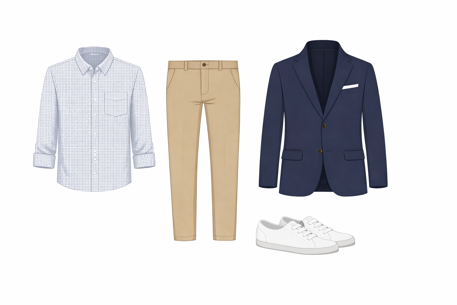Vector illustration micro-check shirt beige chinos navy blazer white sneakers - creative agency client