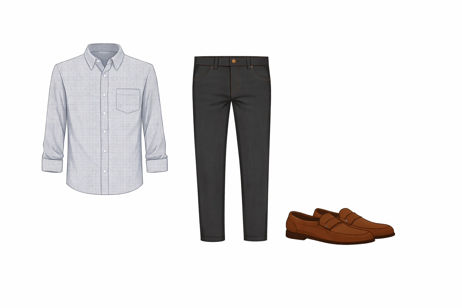 Vector illustration of professional in micro-check shirt, charcoal trousers and brown loafers - creative office look
