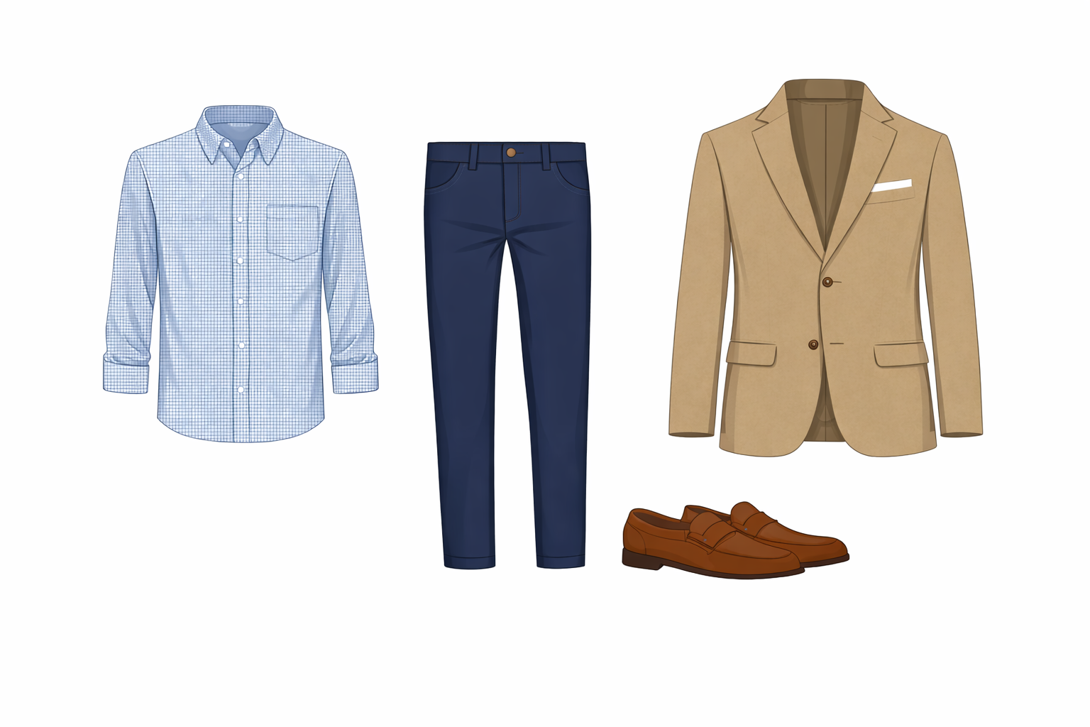 Vector micro-check shirt navy chinos brown loafers blazer - government PSU meeting India