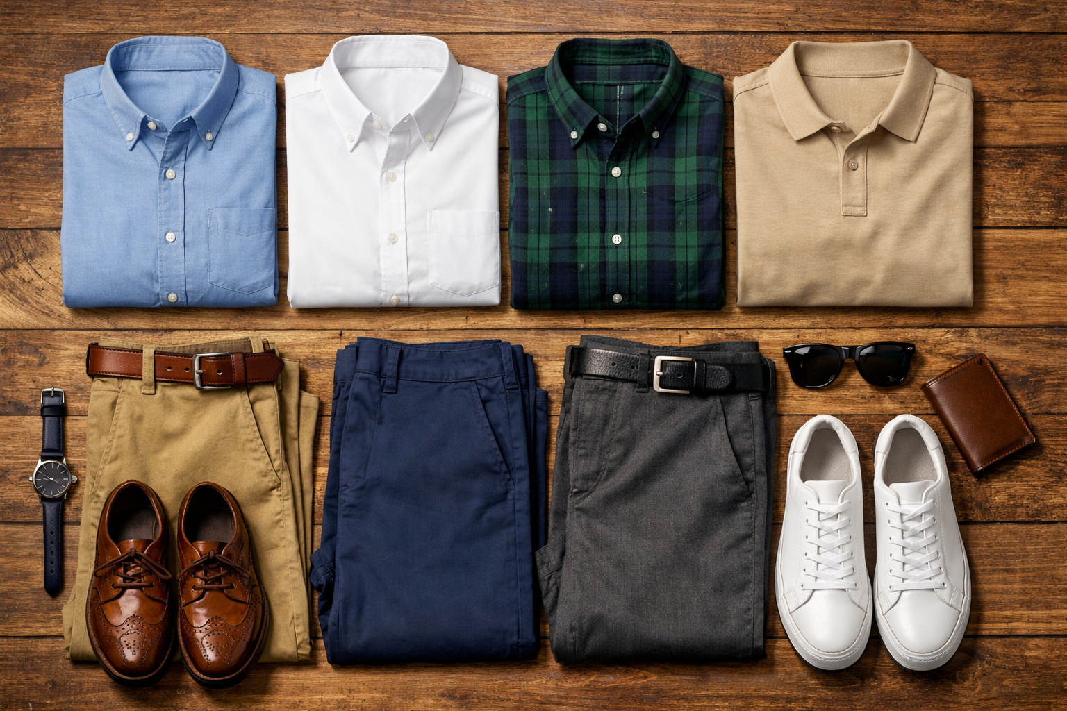A flat-lay of 4 shirts, 3 trousers, and 2 pairs of shoes laid out artistically on a wooden floor.