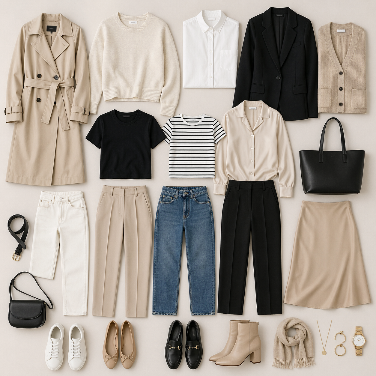 Flat lay of a minimalist capsule wardrobe featuring neutral colors like beige, black, white, and denim with versatile clothing and accessories.