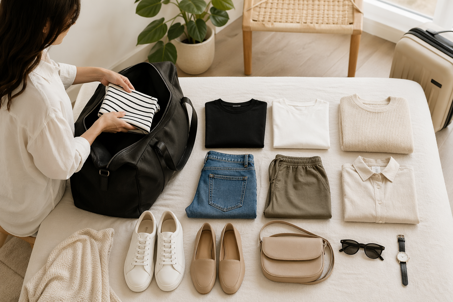 Woman packing a minimalist weekend capsule with neatly folded clothes, shoes, and accessories beside a duffel bag in a bright, modern room