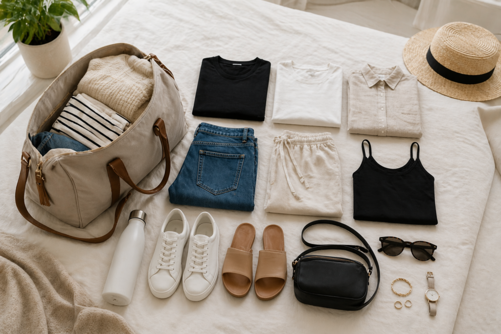 Flat lay of a minimalist weekend capsule with neutral clothing, duffel bag, sneakers, sandals, and travel essentials arranged neatly on a bed