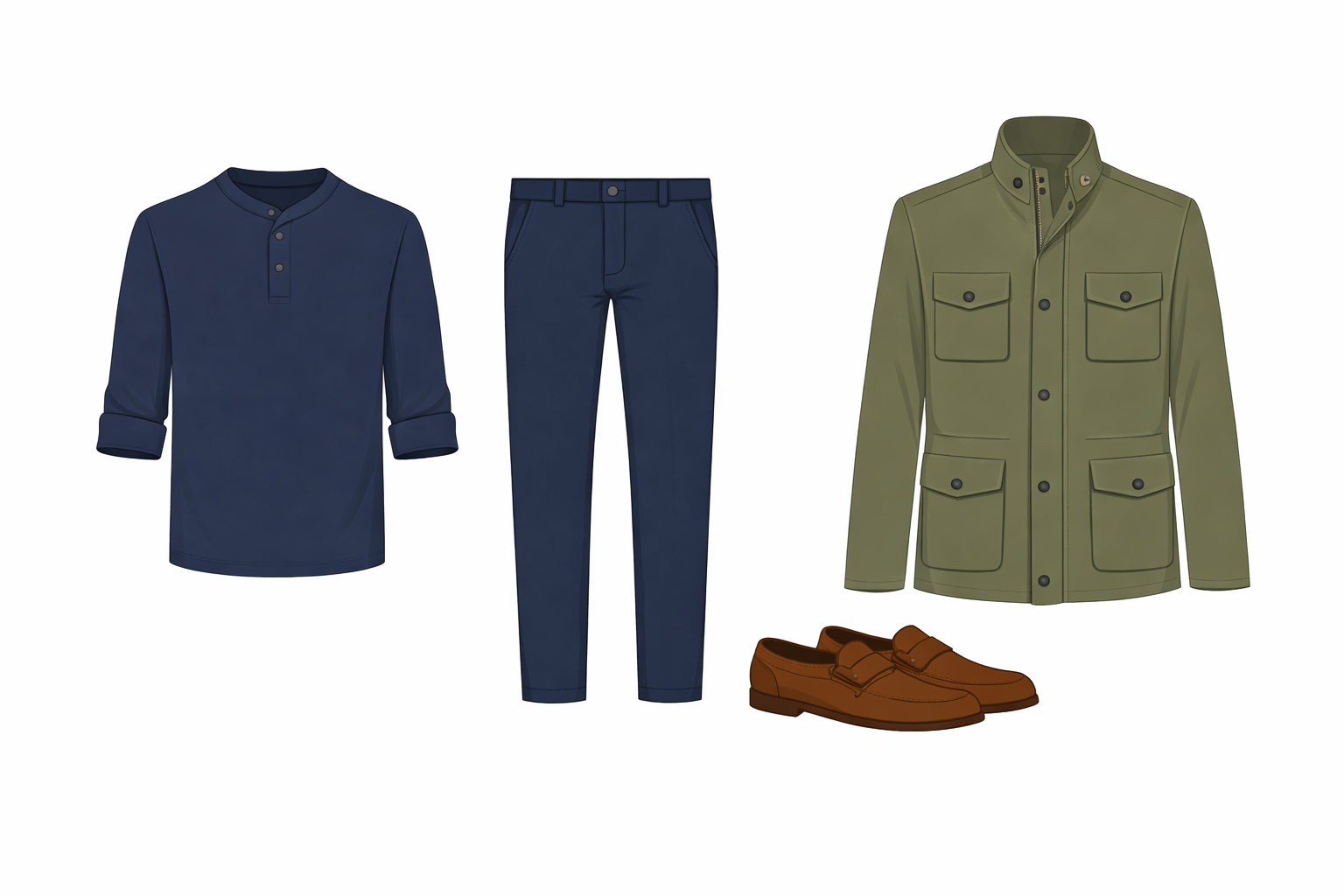Vector style navy henley navy chinos brown loafers utility jacket - monsoon office commute India 2026
