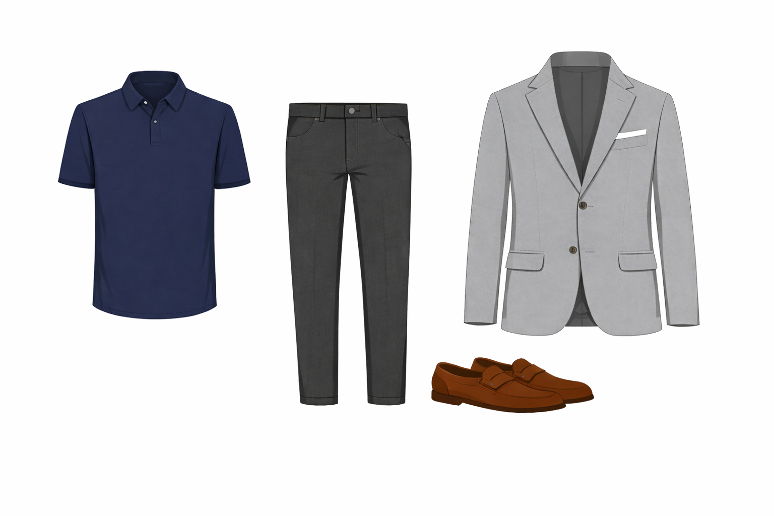 Vector navy polo charcoal trousers brown loafers blazer - finance legal professional India