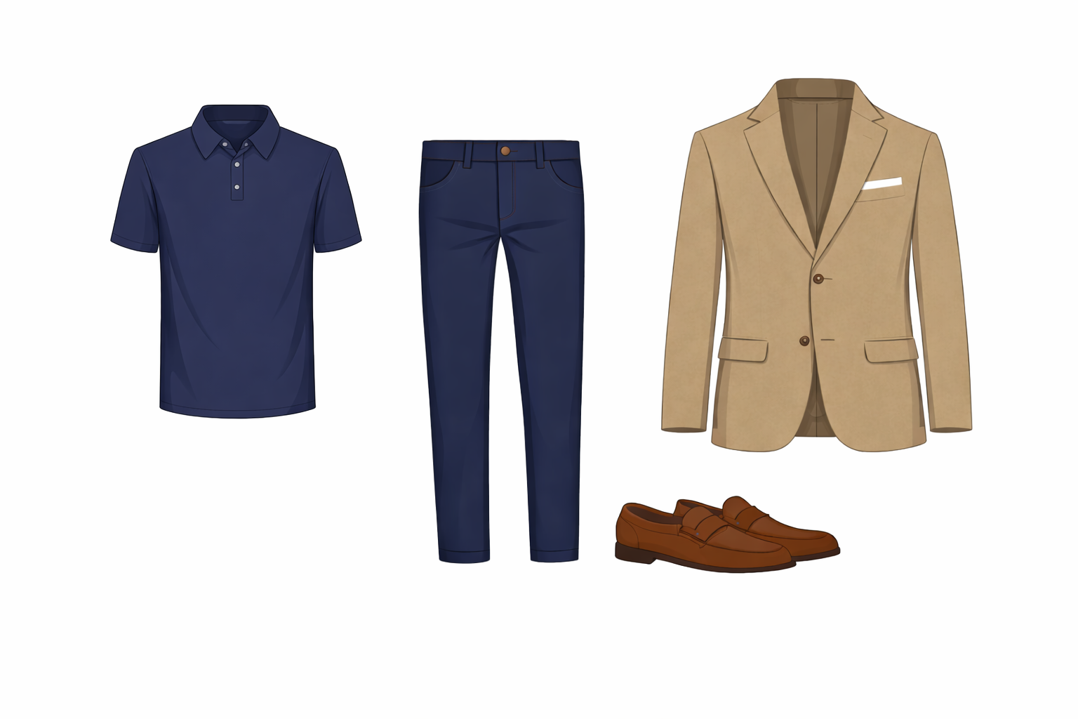Vector style: Navy polo shirt, navy chinos, brown loafers with blazer - IT consulting professional India 2026