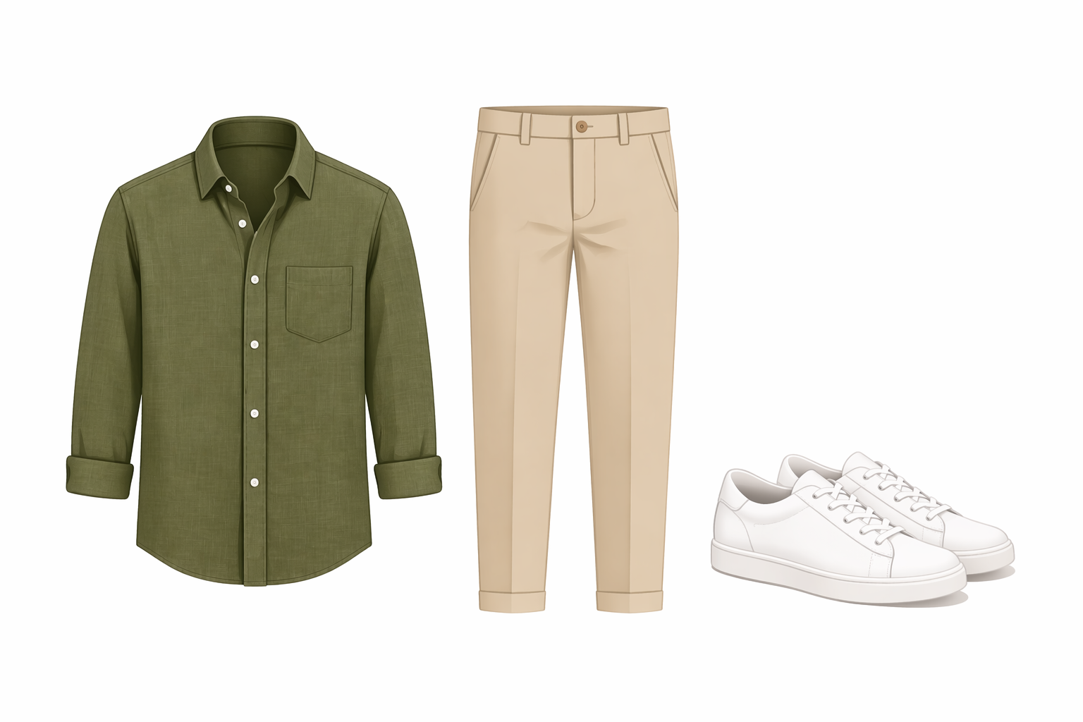 Vector style Indian man in olive linen shirt, beige chinos and white sneakers - summer office look 2026