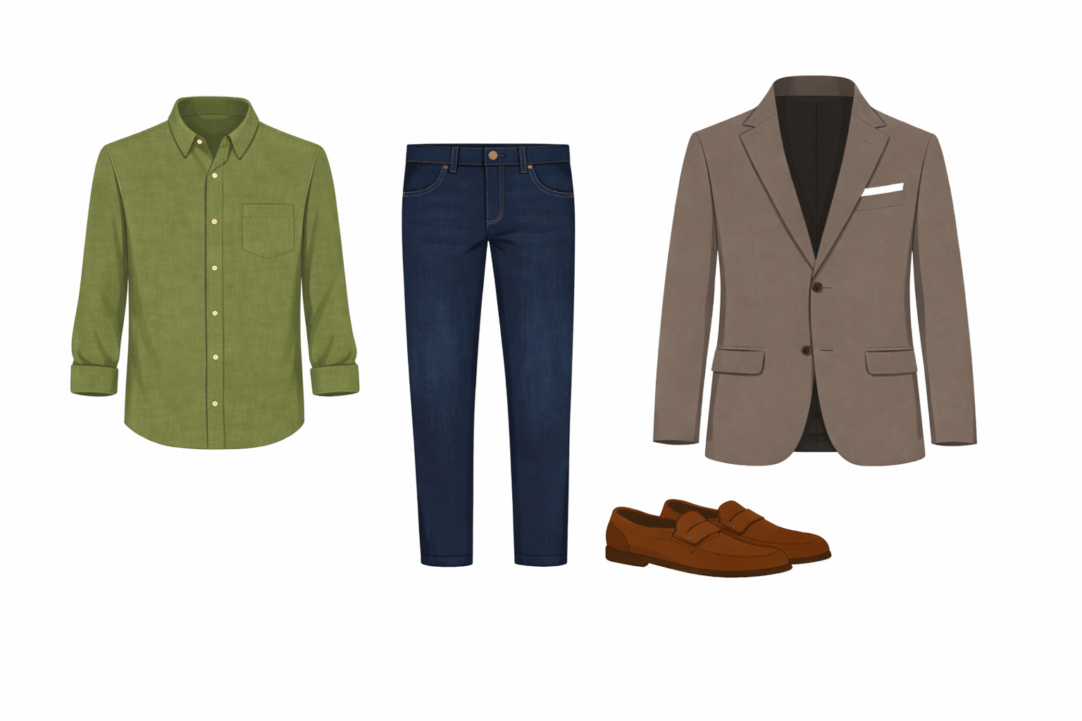 Vector: Olive linen shirt dark wash jeans brown loafers navy blazer - Bandra lunch meeting