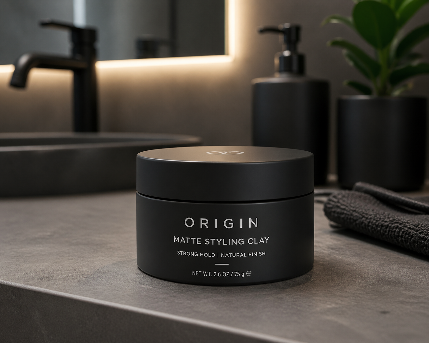 A sleek jar of matte hair styling clay on a modern bathroom counter.