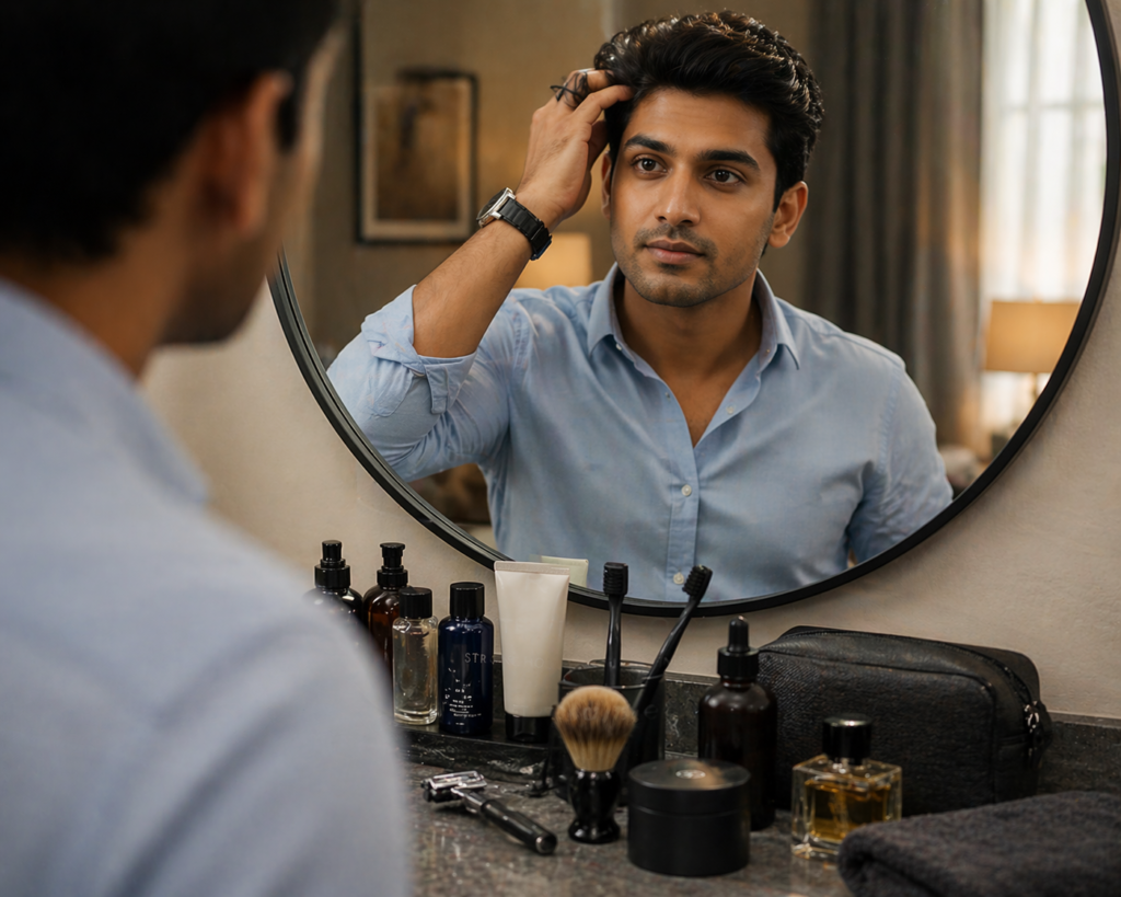 Indian man styling his hair in front of a mirror with grooming products like shaving tools, perfume, and skincare items arranged on a bathroom counter.