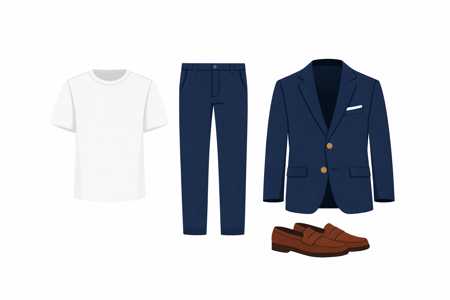 Vector illustration of man in white crew tee, navy blazer, navy chinos and brown loafers - smart casual office Friday