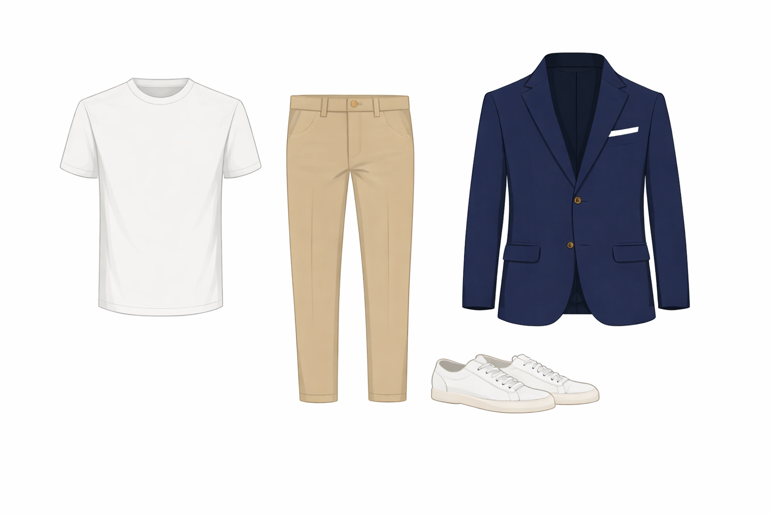 Vector white crew tee navy blazer beige chinos white sneakers - tech investor meeting