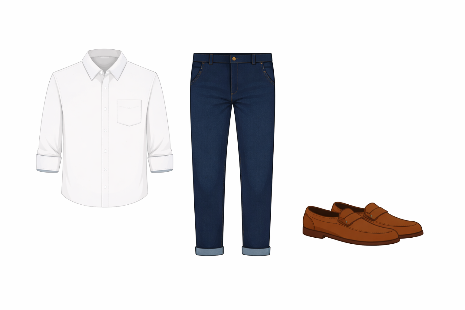 Vector style white Oxford shirt dark wash jeans brown loafers rolled sleeves - sales professional India